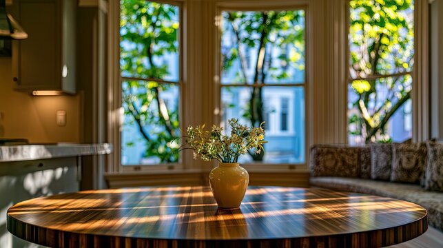 Sunlight streams onto a patterned table with flowers