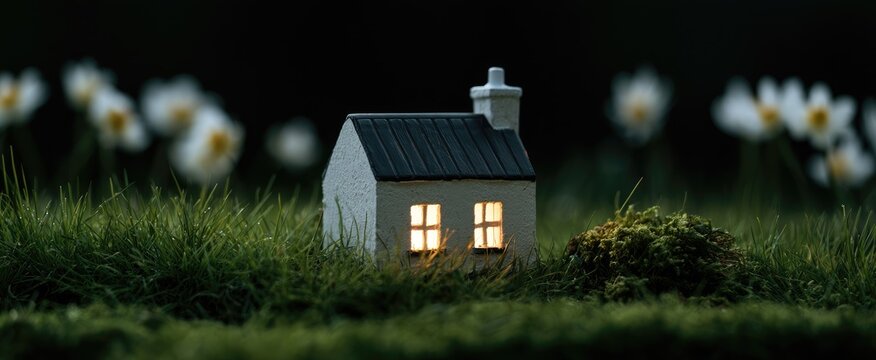Miniature house with glowing windows nestled in grass