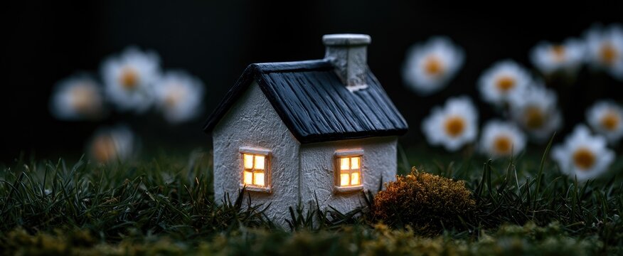 Miniature house with glowing windows nestled in grass among daisies
