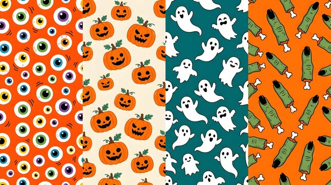 Set of four seamless halloween patterns with eyeballs, pumpkins, ghosts, and fingers