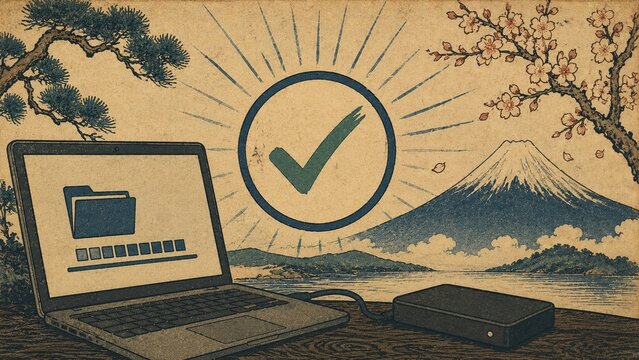 浮世絵風の富士山と桜の風景を背景にノートパソコンから外部ストレージへデータバックアップが完了したイラスト