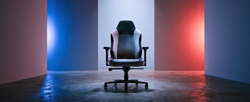 Modern ergonomic chair set against a backdrop of red and blue lighting