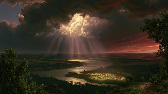 Dramatic sunbeams pierce storm clouds over a serene river valley