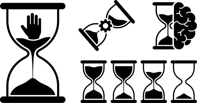 Hourglass and Time Management Icon Set with Brain Cogwheel Stop Hand and Sand Loading Sequences for Productivity Business and Psychology Concepts