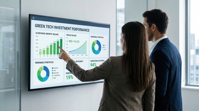 Business professionals analyzing green tech investment performance dashboard showing ROI growth charts and renewable portfolio metrics, ESG strategy meeting