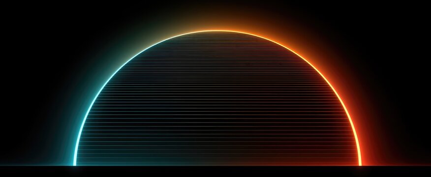 A glowing neon semi-circle transitions from teal to orange against a dark background