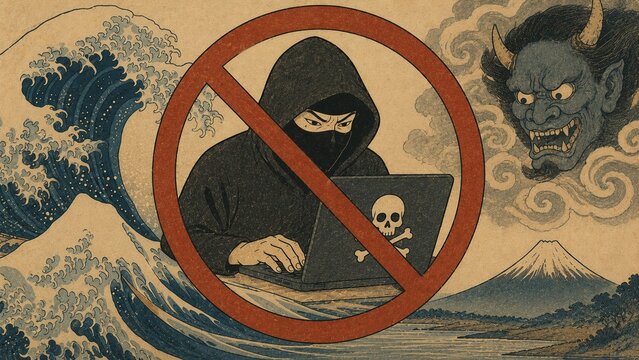 浮世絵風の背景でハッカーによるサイバー攻撃を禁止するインターネットセキュリティ対策のイラスト