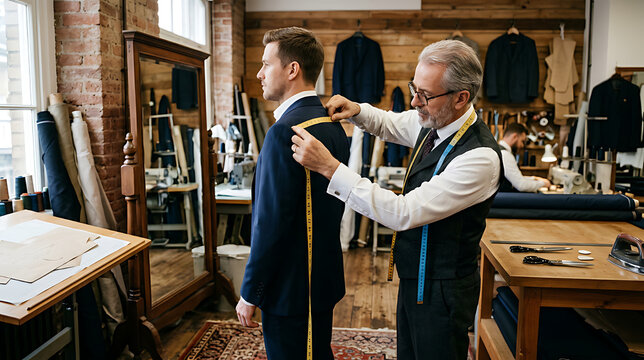 Tailoring professional men's suit fitting process in a bespoke tailoring shop with a master tailor measuring client for perfect