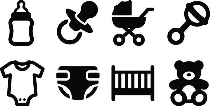 Baby related Silhouettes On White Background Bottle Pacifier Stroller And Other Items accessories
