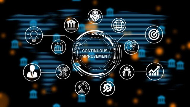 Animated continuous improvement concept with global financial and business growth elements, Internet infrastructure concept. Abstract technology data connection symbols .4k animation video 