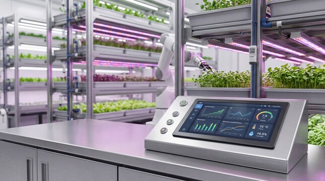 Automated vertical farming system with robotic arm tending plants under LED grow lights