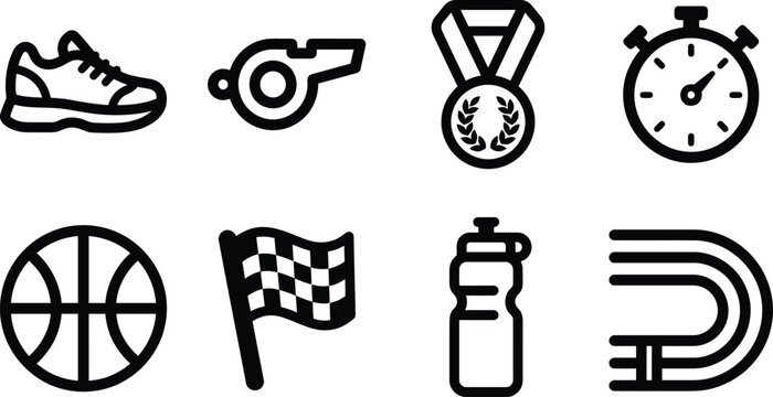 Sporting Equipment Flat Icons Collection Featuring A Running Shoe And Stopwatch athletic basketball
