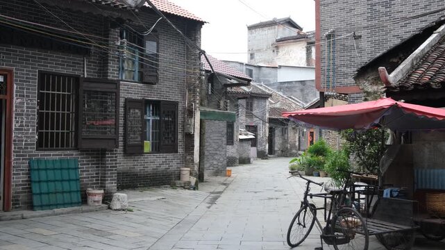 Authentic daily life scene in an old traditional Chinese town or village with buildings and country houses and a local dog wandering through the alleyway in regional Guangxi, China. 广西怀远