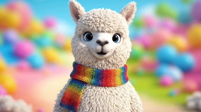 Cute Fluffy Llama Mascot Wearing Rainbow Scarf Dancing