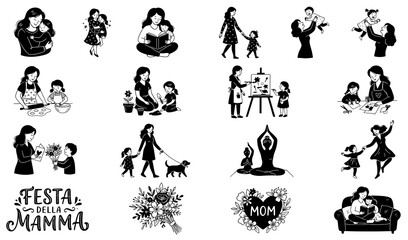 Fototapeta premium Black silhouette of mother and child daily activities cooking reading playing collection festa della mamma vector illustration set.