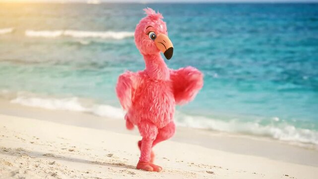 Cute Flamingo Mascot Dancing on Beach, Tropical Paradise Vacation Fun