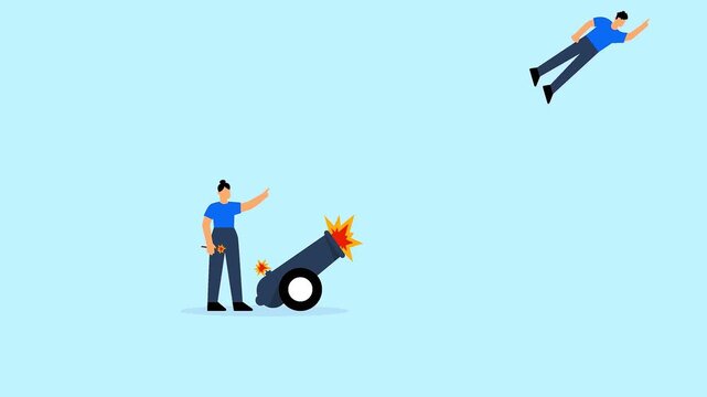 Career launch boost conceptual animation showing a manager firing a professional out of a cannon to fly away.