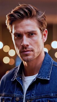 Man with city lights. Male in denim jacket illuminated by bokeh city lighting. Young Caucasian male wearing denim jacket illuminated by vibrant city night reflections