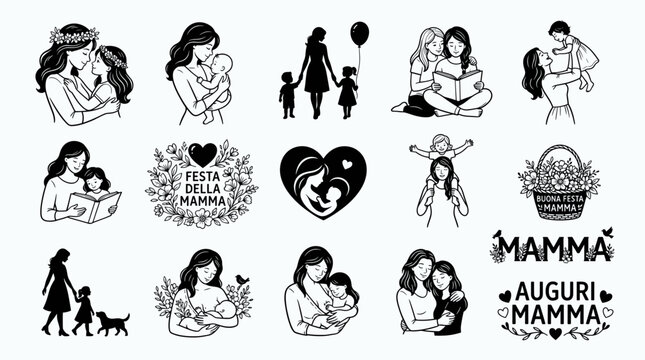 Happy mother day italian typography greeting quote auguri mamma and family silhouette set festa della mamma vector collection.