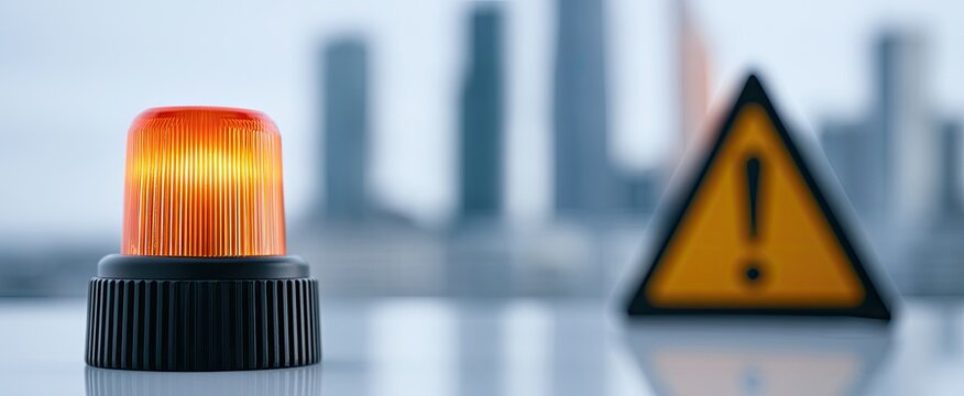 Orange warning light and caution sign stand on glossy surface
