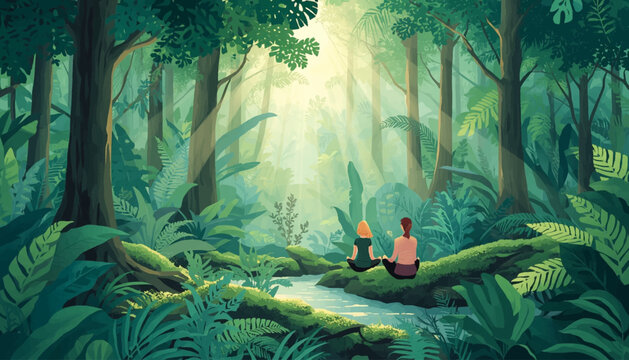 Luminous jungle clearing framed by dark trees and large leaves, a serene vector for meditation apps, spa campaigns, retreat posters and eco design