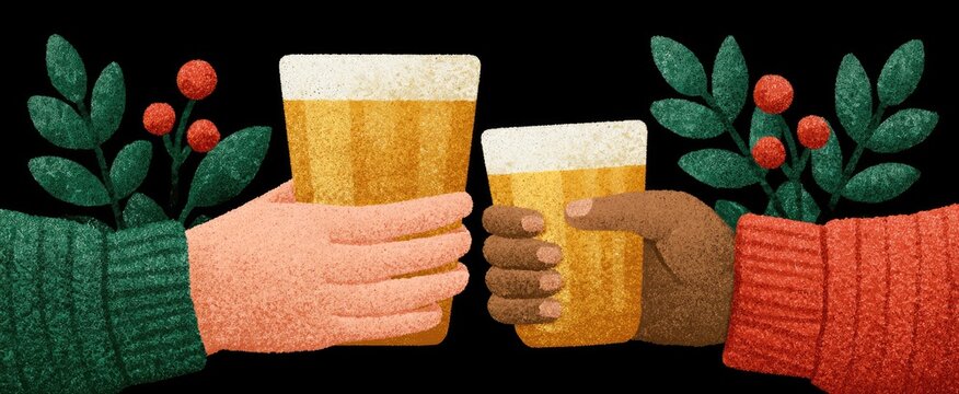 Two hands hold glasses of beer, adorned with festive greenery and berries