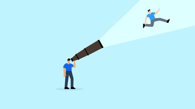 Professional goal scouting animation showing a man looking through a spyglass telescope to find a soaring executive.