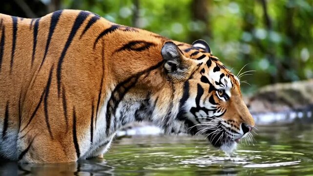 Majestic Bengal tiger drinking water in a serene jungle pond, head lifting with water droplets, lush green forest background and soft lighting.