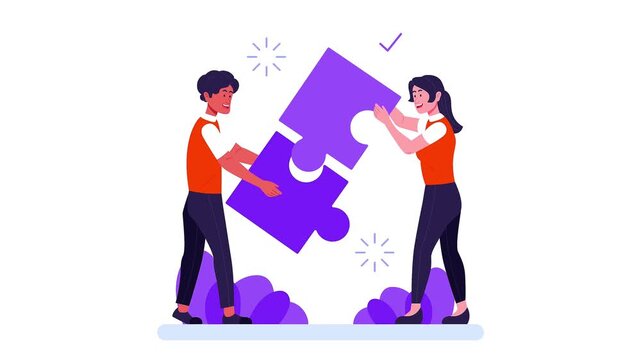 Business partnership concept animation with a man and woman connecting giant puzzle pieces together successfully.