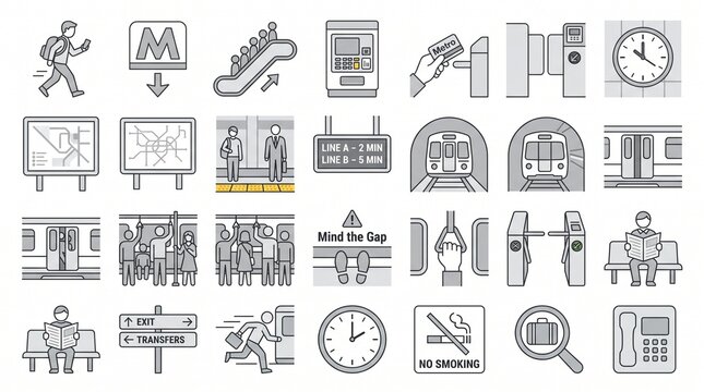 Subway System Guide Flat Vector Icons Set