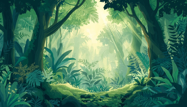 Misty tropical forest with ferns, trunks and glowing sun, a calming vector for wellness marketing, eco tourism visuals, spa art and nature backgrounds