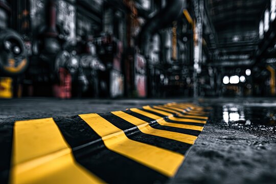 Industrial interior with warning stripes and wet floor