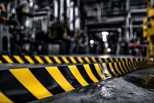 Industrial interior with caution tape and wet floor
