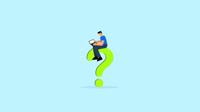 Business questions solving conceptual animation showing a man using a laptop while sitting on a big green question mark.