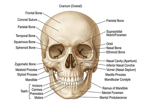 Human skull with labeled cranial and facial bones