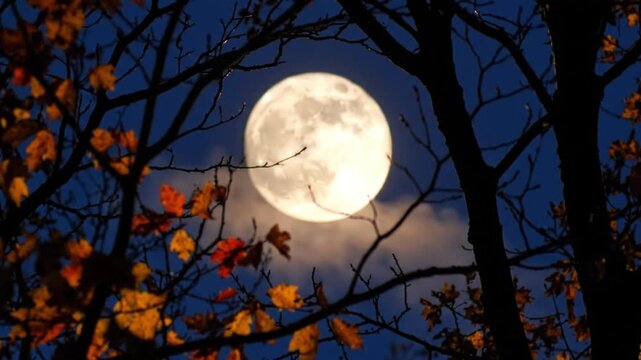 Full moon illuminates autumn leaves against a dark blue sky with shining brightly