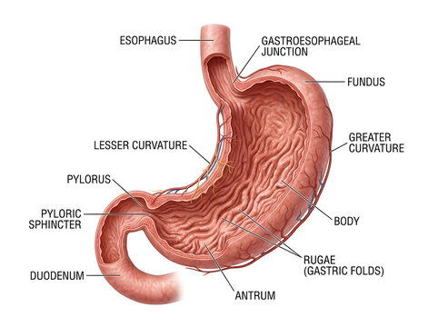 Human stomach anatomy diagram with labeled parts