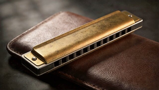 Vintage 10-hole Blues Harmonica On Dark Leather Mat, Retro Music Instrument
