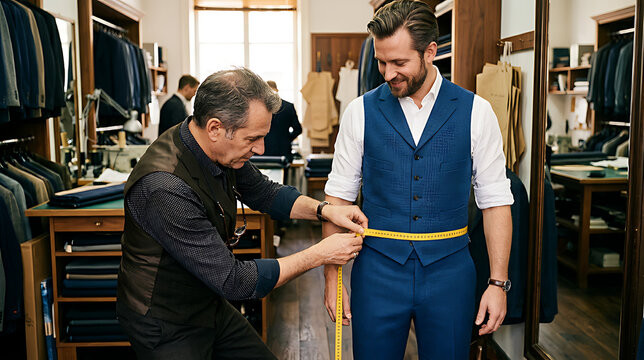 Tailoring fitting process in a custom menswear shop showcasing measurement of a young male client by an experienced tailor