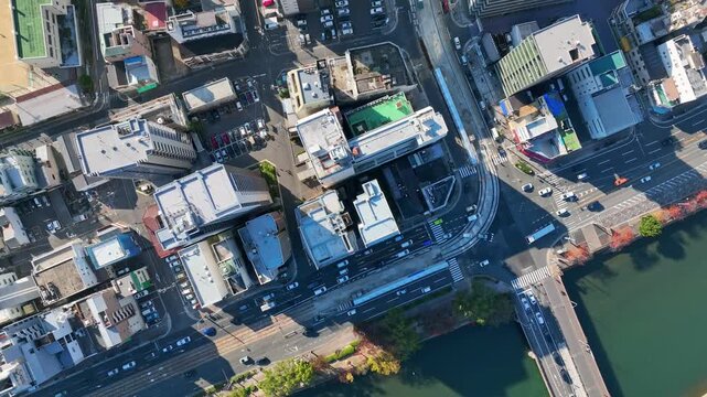 都市風景の真俯瞰ドローン空撮