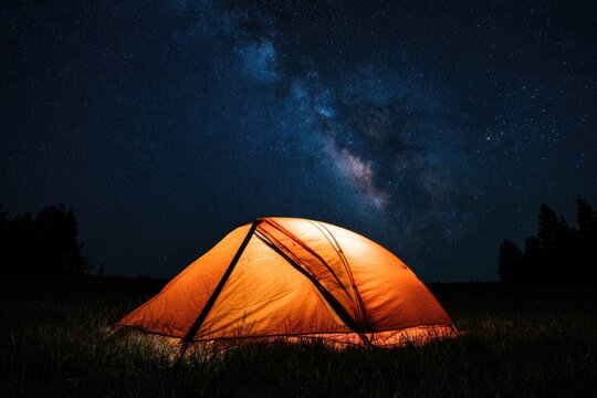 Glowing tent under starry sky with Milky Way
