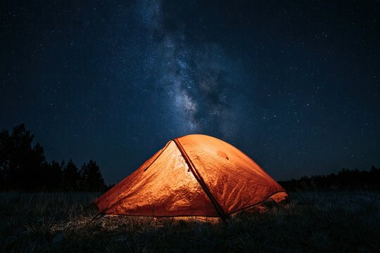 Glowing tent under a starry night sky with the Milky Way