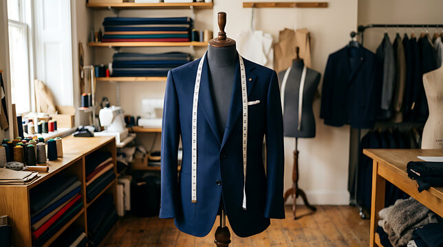 Elegant tailored blue business blazer displayed on a dress form in a bespoke tailoring workshop with sewing materials and