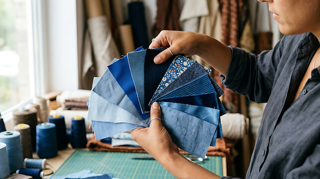 Interior designer examining a selection of blue fabrics for upholstery in a creative workshop environment