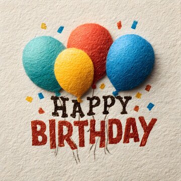Textured felt style happy birthday greeting card featuring colorful vibrant balloons.