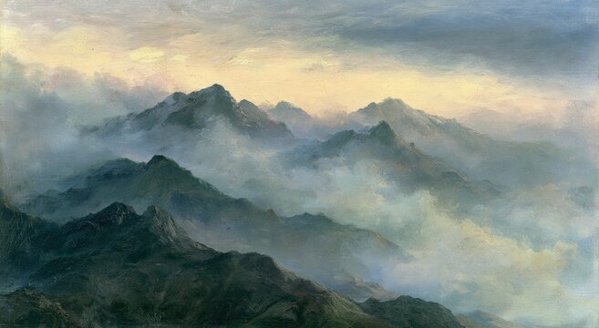 Misty mountains under a soft, glowing sky, peaks emerging from clouds