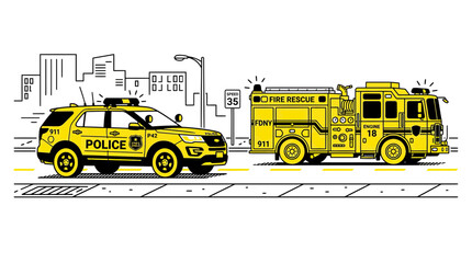 Police Car and Fire Truck on Street, Emergency Services Illustration © Hantu