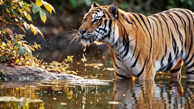 Majestic Bengal tiger drinking from a calm forest river at sunset, lifting its head with water droplets dripping, surrounded by lush jungle foliage.
