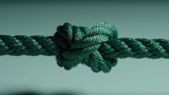 Close up of a tight knot in a dark green braided rope
