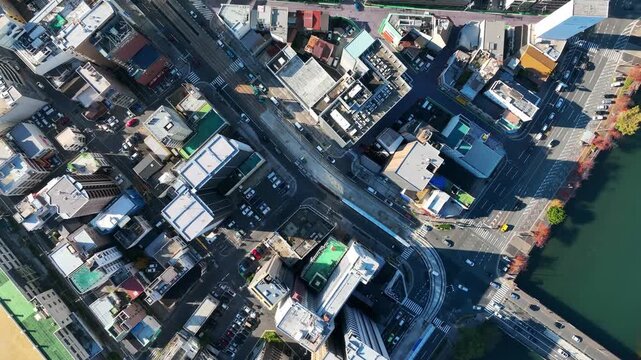 都市風景の真俯瞰ドローン空撮
